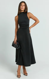 Macy Midi Dress High Neck A Line Dress in Black