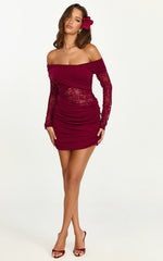 Juliet Mini Dress Off Shoulder Lace Contrast Bodycon Dress in Wine