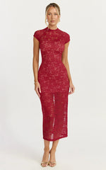 Emma Midi Dress Lace Cap Sleeve Bodycon Dress in Wine