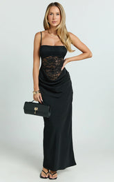 Rania Maxi Dress Contrast Lace Bodice Bias Cowl Drop Waist Dress in Black
