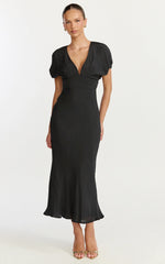 Desiree Midi Dress V Neck Flutter Short Sleeve Slip Dress in Black