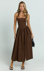 Helda Midi Dress Halter Tie Neck Corset Panel Dress in Chocolate