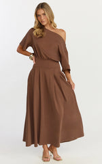 Tami Midi Dress Off Shoulder Dress in Chocolate
