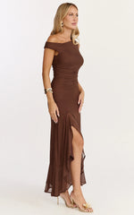 Judee Midi Dress One Shoulder High Side Split Dress in Chocolate