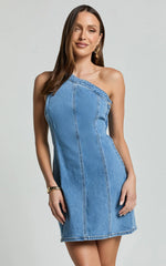 Harmony Mini Dress One Shoulder Bodycon Recycled Denim Dress in Mid Blue Wash