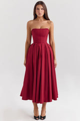 berry strapless detachable bow midi dress