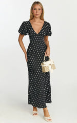 Elise Midi Dress V Neck Puff Sleeve Dress in Black Polka