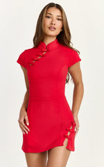 Nadia Mini Dress Cap Sleeve Mandarin Collar Fitted Dress in Red with Red Trim