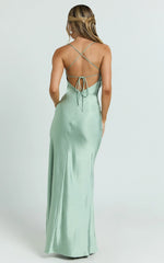 Hanna Maxi Dress Satin Cowl Neck Low Back Dress in Sage