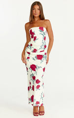 Dahlia Midi Dress Strapless Draped Cowl Waist Fitted Dress in Scarlet Rose Print