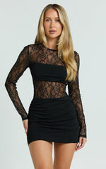 Imelda Mini Dress Contrast Lace Long Sleeve Ruched Bodycon Dress in Black