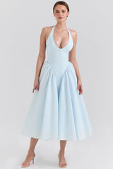 soft blue cotton twill halter midi sundress