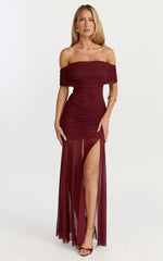 Alanna Maxi Dress Off Shoulder Ruched Mesh Dress in Wine