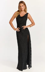 Rachel Maxi Dress Cowl Neck Jacquard Front Split Dress in Black