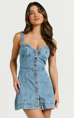 Alena Mini Dress Sweetheart Button Down Sleeveless Bodycon Denim Dress in Mid Blue Wash