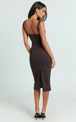 Tiffy Midi Dress Square Neck Ruched Bodycon Dress in Chocolate