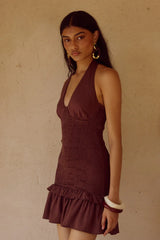 FLEUR SHIRRED HALTER MINI DRESSS CHOCOLATE