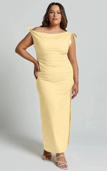 Cincinnati Midi Dress Off The Shoulder Side Split Column Linen Dress in Lemon