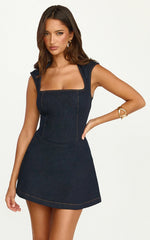 Heather Mini Dress Square Neck A Line Denim Mini Dress in Raw
