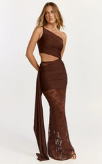 Ferguson Maxi Dress One Shoulder Draped Jersey and Lace Dress in Chocolate