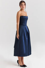 midnight blue strapless detachable bow midi dress