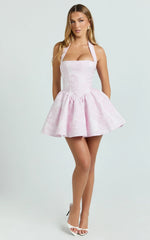 Maddy Mini Dress Square Neck Halter Fit And Flare Dress in Pink
