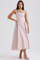white rosebud print cotton midi sundress