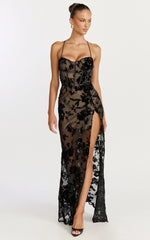 Violeta Maxi Dress Corset Front Burnout Dress in Black