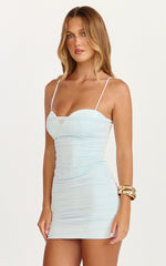Helda Mini Dress Corset Bodice Sheer Overlay Bodycon Dress in Soft Blue