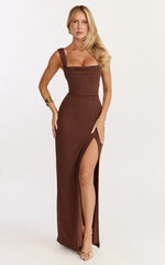 Donna Maxi Dress Cowl Neck Column High Split Dress in Chocolate