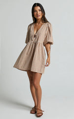 Rosita Mini Dress Tie Front Puff Sleeve Dress in Caramel White Gingham
