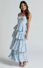 Lorma Midi Dress Ruched Layered Dress in Blue Floral