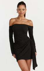 Noah Mini Dress Off Shoulder Draped Skirt Jersey Dress in Black