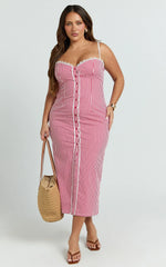 Anessa Midi Dress Button Front Bustier Fitted Dress in Red Gingham