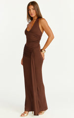 Dixie Maxi Dress Plunge Halter Low Back Dress in Chocolate