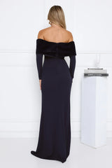 Glow In The Snow Faux Fur Off Shoulder Maxi Dress Navy