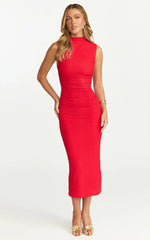 Aleks Midi Dress High Neck Bodycon Dress in Red