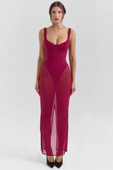 wine stretch mesh maxi dress