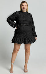 Kiss Me Now Mini Dress Long Puff Sleeve Dress in Black Lace
