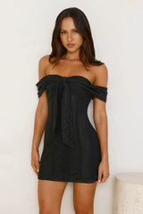 Dainty Number Off Shoulder Lace Mini Dress Black