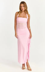 Almarie Midi Dress Halter Neck Mesh Dress in Pink