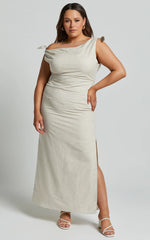 Cincinnati Midi Dress Off The Shoulder Side Split Column Linen Dress in Beige
