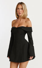 Collette Mini Dress Off Shoulder Long Sleeve Godet Flare Dress in Black