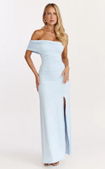 Opal Maxi Dress Off Shoulder Gathered Bodice Fit And Flare Dress in Blue