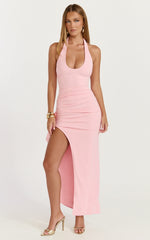 Lani Midi Dress Scooped Neckline Draped Skirt Halter Dress in Pink