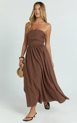 Polly Midi Dress Strapless Ruched Dress in Chocolate