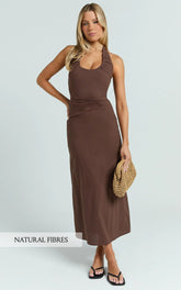Murray Midi Dress Deep U Halter Neck Dress in Chocolate