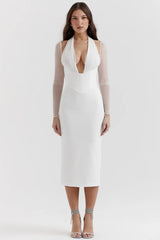 white plunge midi dress
