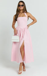 Helda Midi Dress Halter Tie Neck Corset Panel Dress in Pink