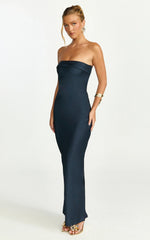 Zaya Midi Dress Strapless Satin Slip Dress in Navy
